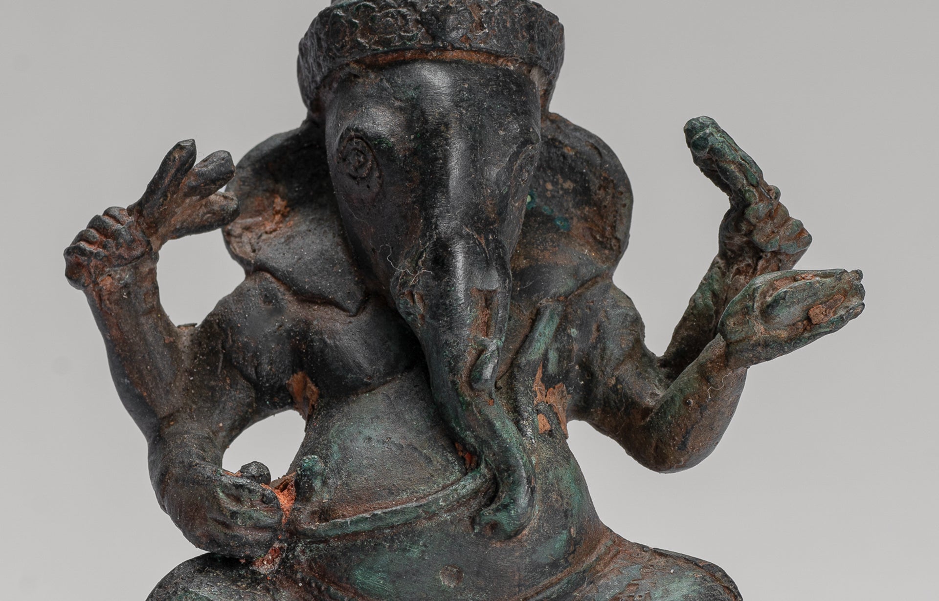 Ganesha Statue - Antique Khmer Style Seated Bronze Bayon Ganesh Statue - 14cm/6"