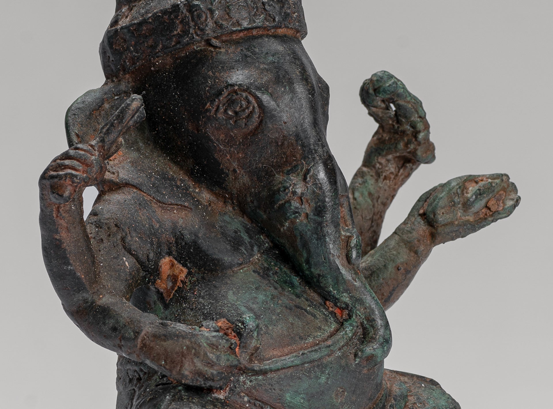 Ganesha Statue - Antique Khmer Style Seated Bronze Bayon Ganesh Statue - 14cm/6"