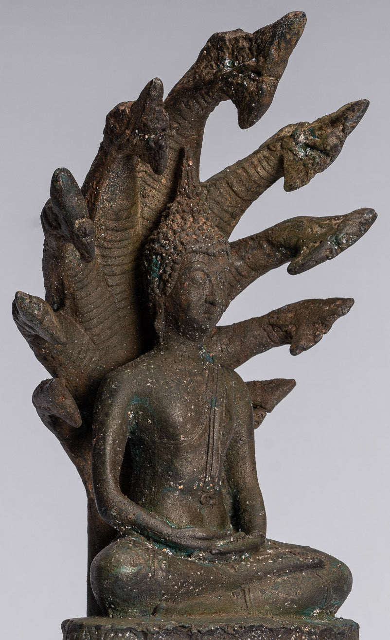 Statue de Bouddha – Statue de Bouddha Naga méditant en bronze antique de style Sukhothai – 32 cm/13"