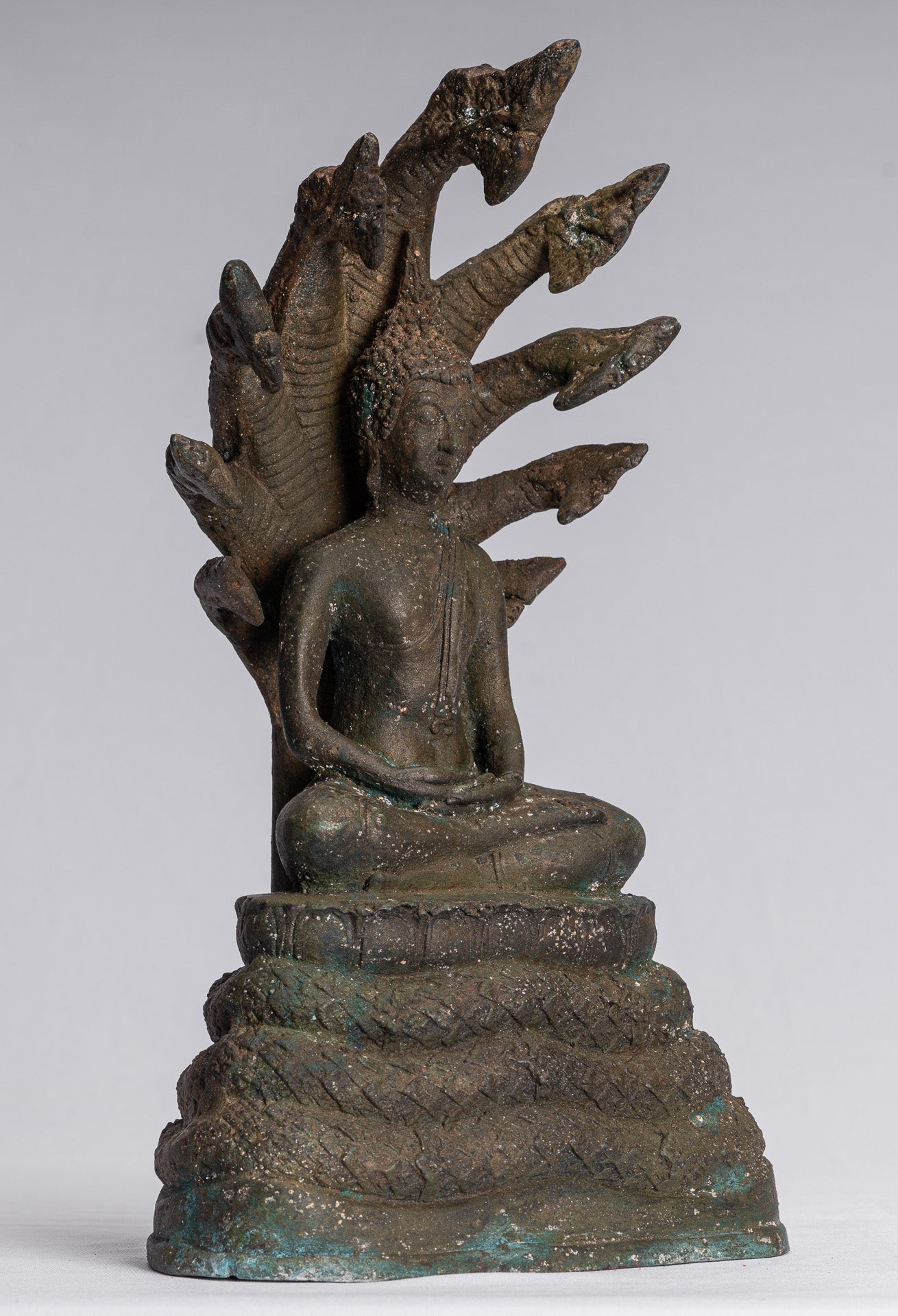 Statue de Bouddha – Statue de Bouddha Naga méditant en bronze antique de style Sukhothai – 32 cm/13"