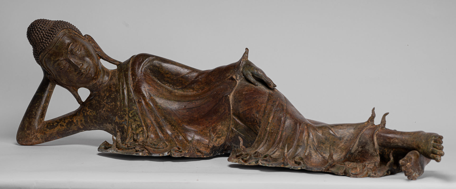 Buddha Statue - Antique Thai Style Bronze Sukhothai Reclining Nirvana Buddha Statue - 106cm/42"