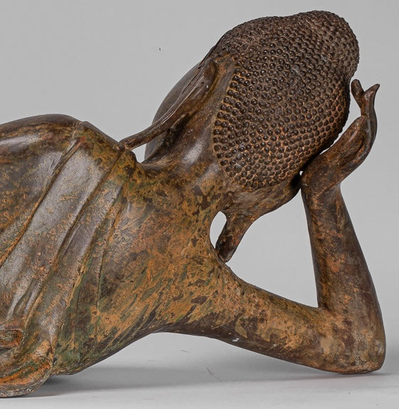Buddha Statue - Antique Thai Style Bronze Sukhothai Reclining Nirvana Buddha Statue - 106cm/42"