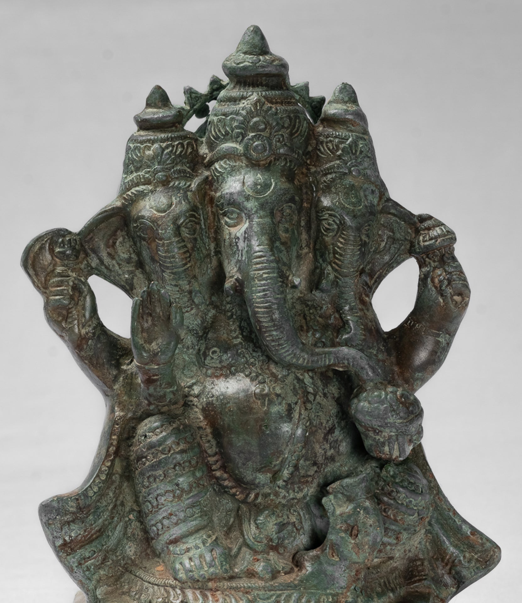 Antique Thai Style Bronze Tri Muhkthi Ganapathi Three Headed Ganesha Statue - 21cm/8"