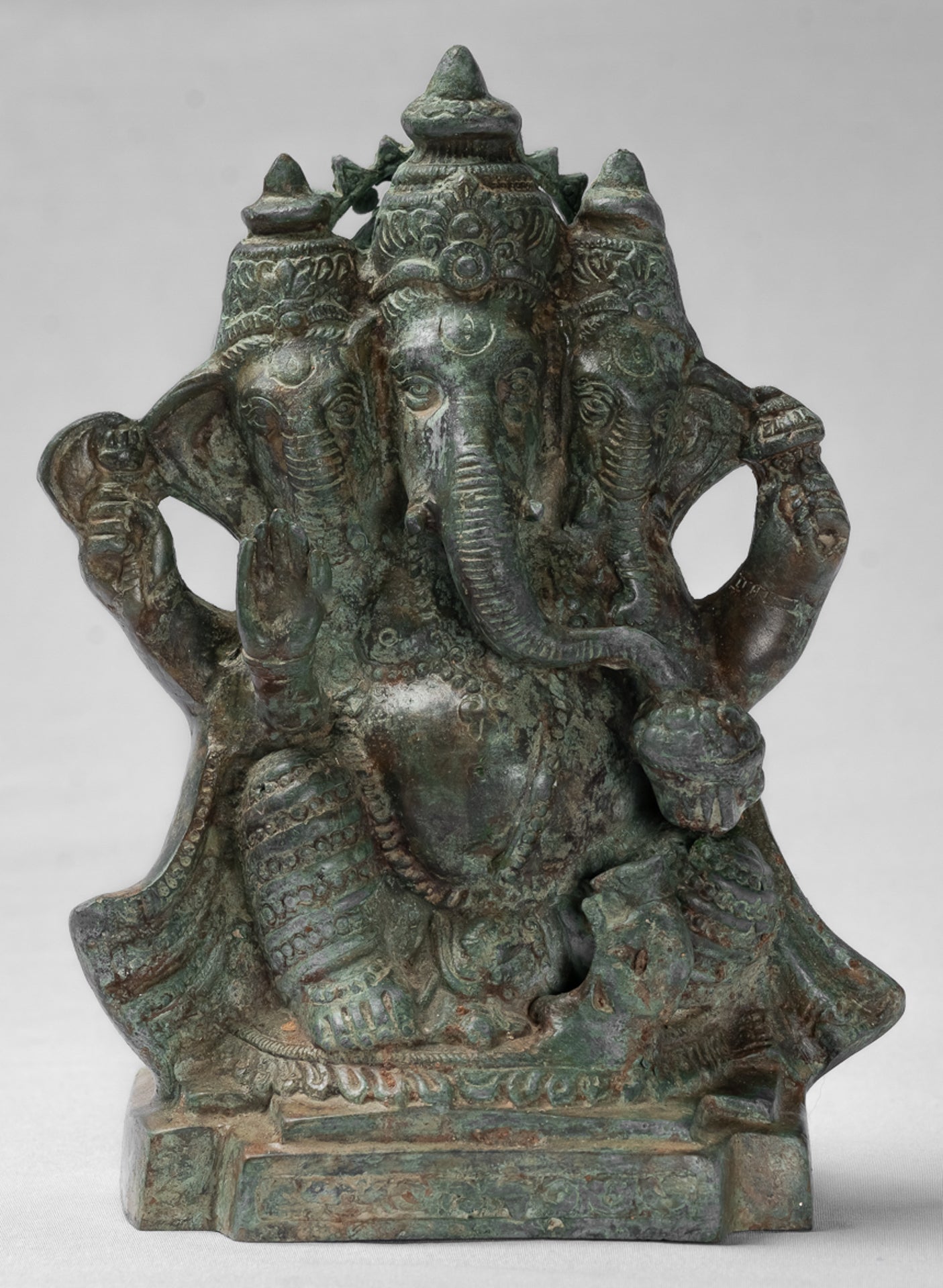 Antique Thai Style Bronze Tri Muhkthi Ganapathi Three Headed Ganesha Statue - 21cm/8"