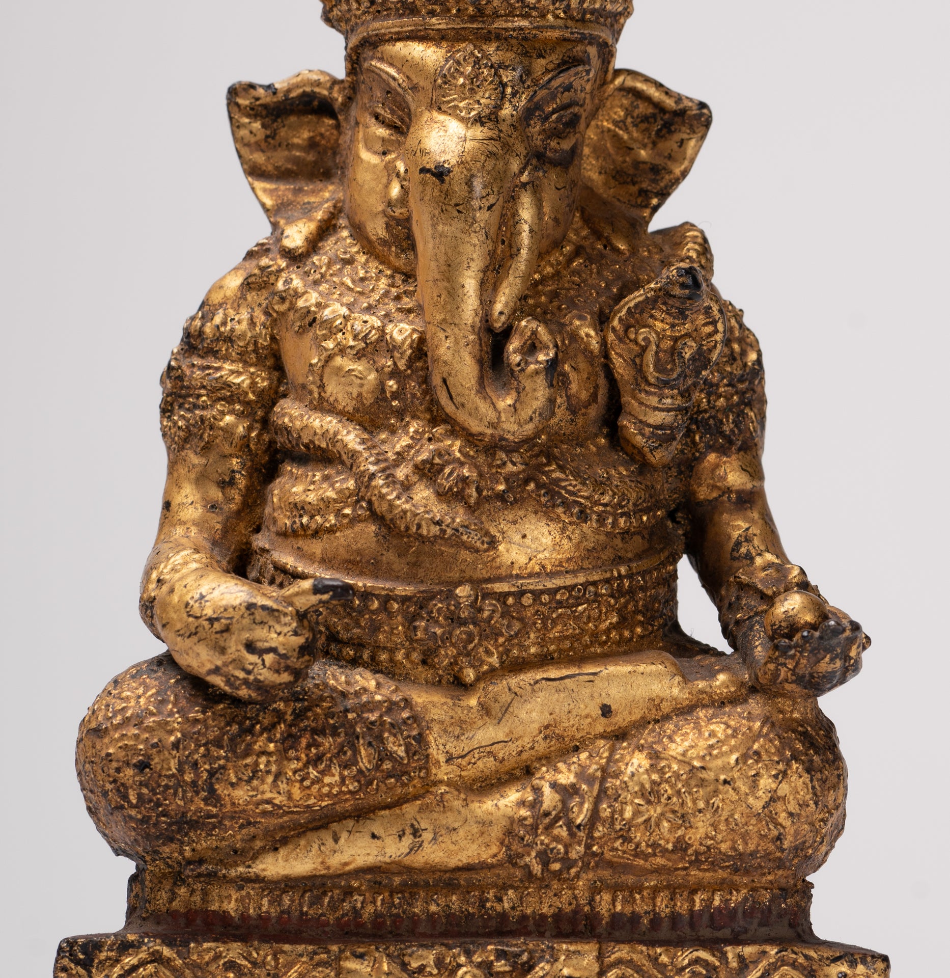 Ganesha Statue - Antique Thai Style Bronze Seated Rattanakosin Ganesha Statue - 19cm/8"