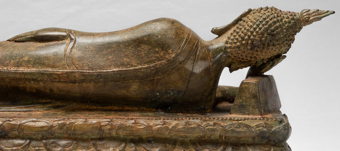 Statua Buddha - Antique Thai Thai Bronzo Sukhothai Reclining Nirvana Buddha Statua - 55cm/22 "