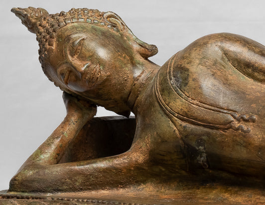 Statua Buddha - Antique Thai Thai Bronzo Sukhothai Reclining Nirvana Buddha Statua - 55cm/22 "