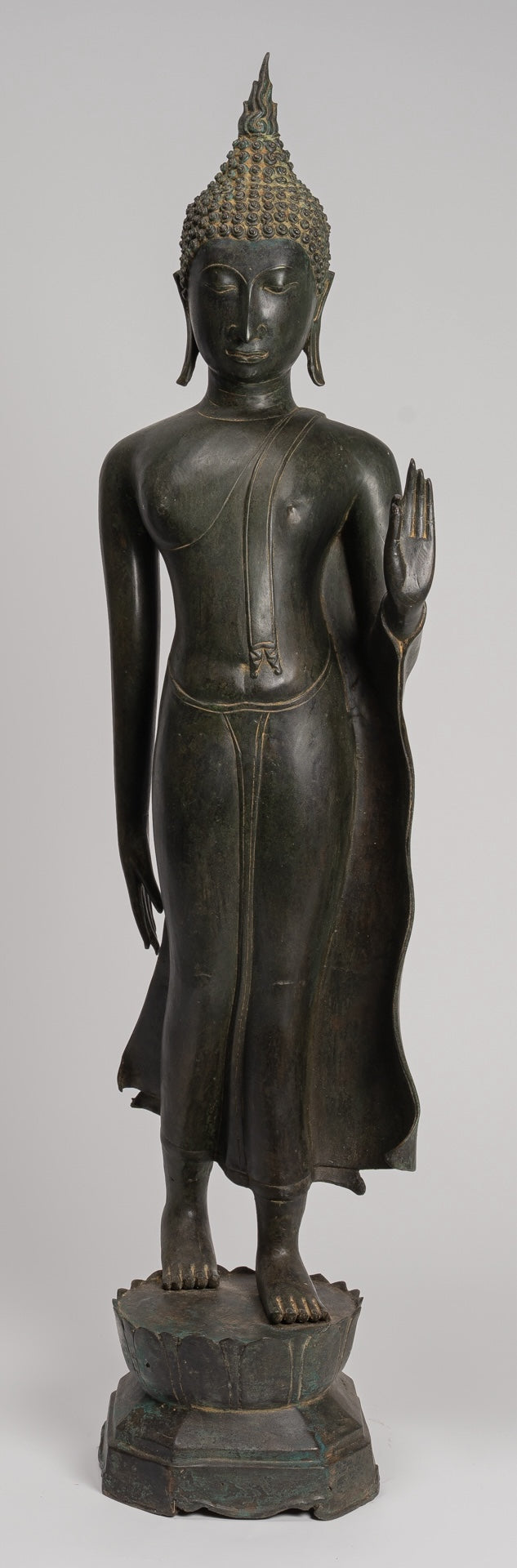 Antique Thai Style Sukhothai Bronze Protection Walking Buddha Statue - 116cm/46"