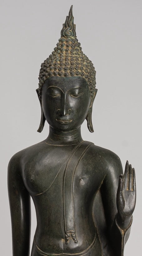 Antique Thai Style Sukhothai Bronze Protection Walking Buddha Statue - 116cm/46"