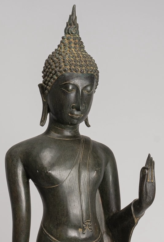 Antique Thai Style Sukhothai Bronze Protection Walking Buddha Statue - 116cm/46"