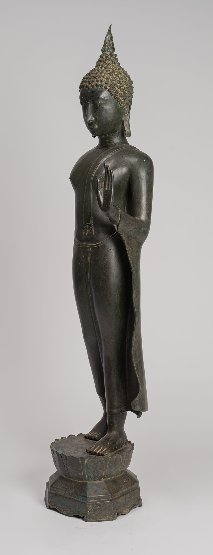 Antique Thai Style Sukhothai Bronze Protection Walking Buddha Statue - 116cm/46"