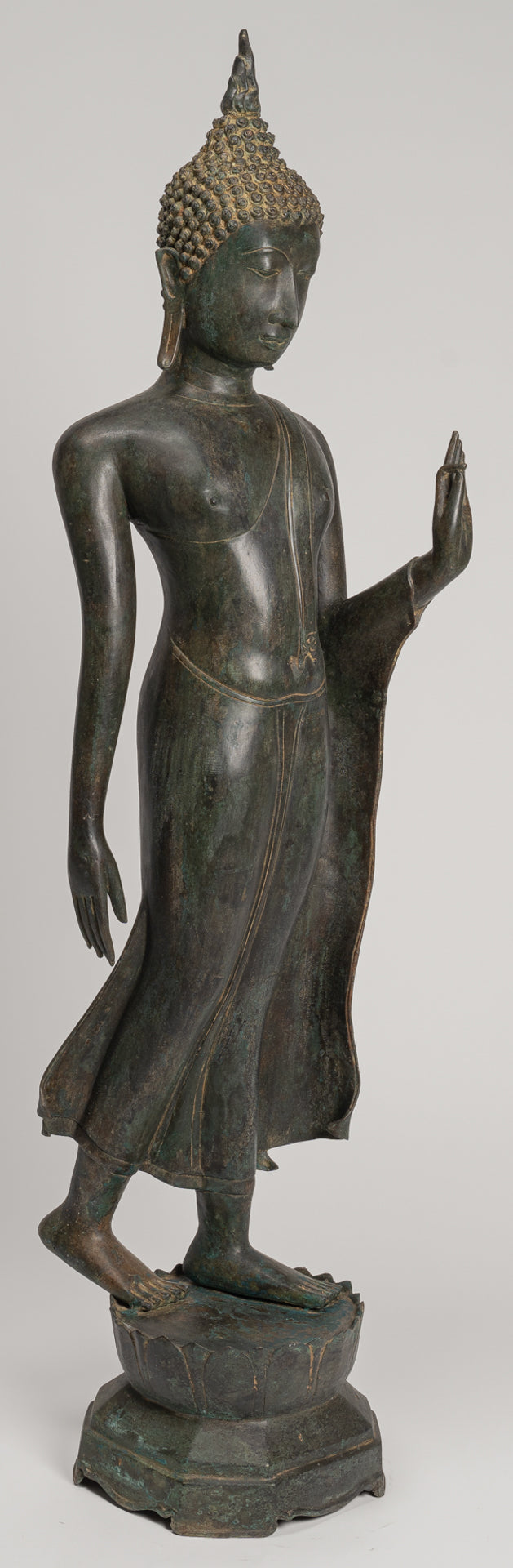Antique Thai Style Sukhothai Bronze Protection Walking Buddha Statue - 116cm/46"