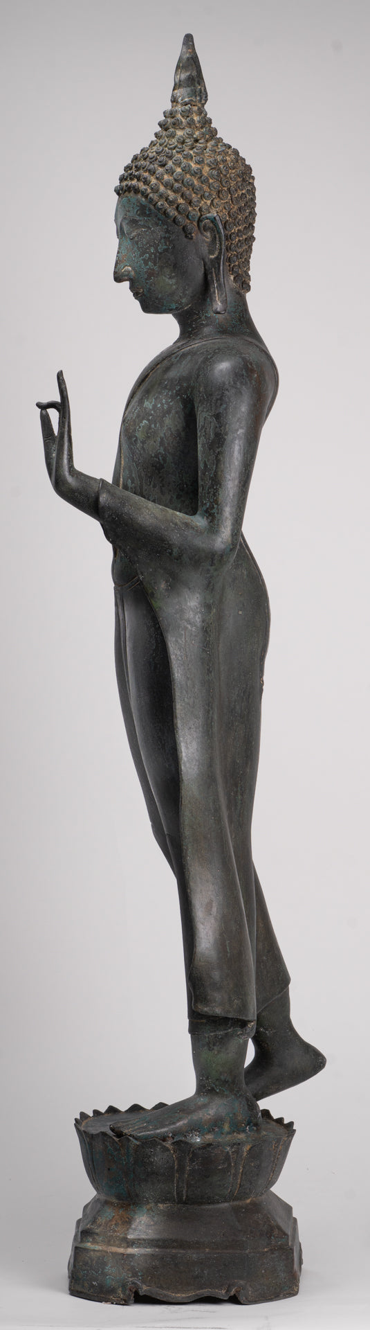 Antique Thai Style Sukhothai Bronze Protection Walking Buddha Statue - 117cm/47"