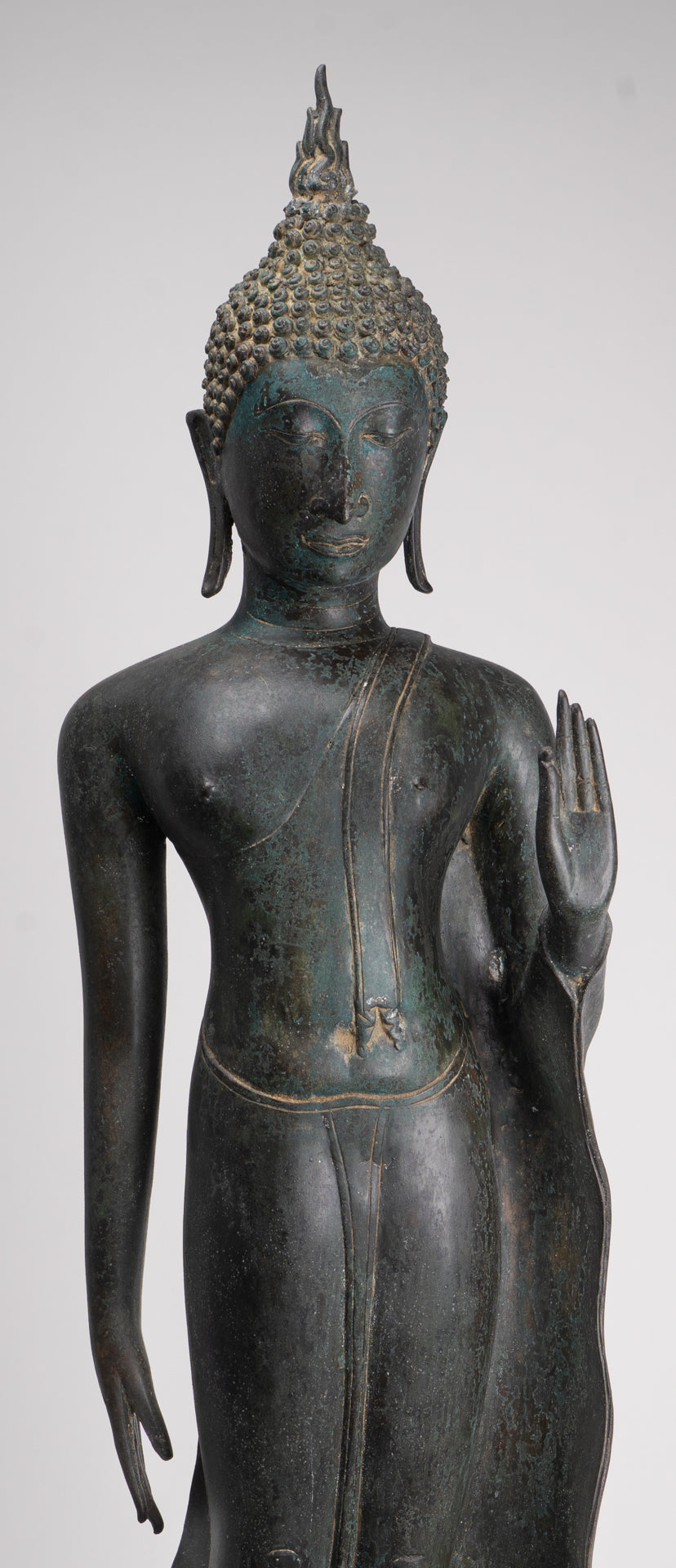 Antique Thai Style Sukhothai Bronze Protection Walking Buddha Statue - 117cm/47"