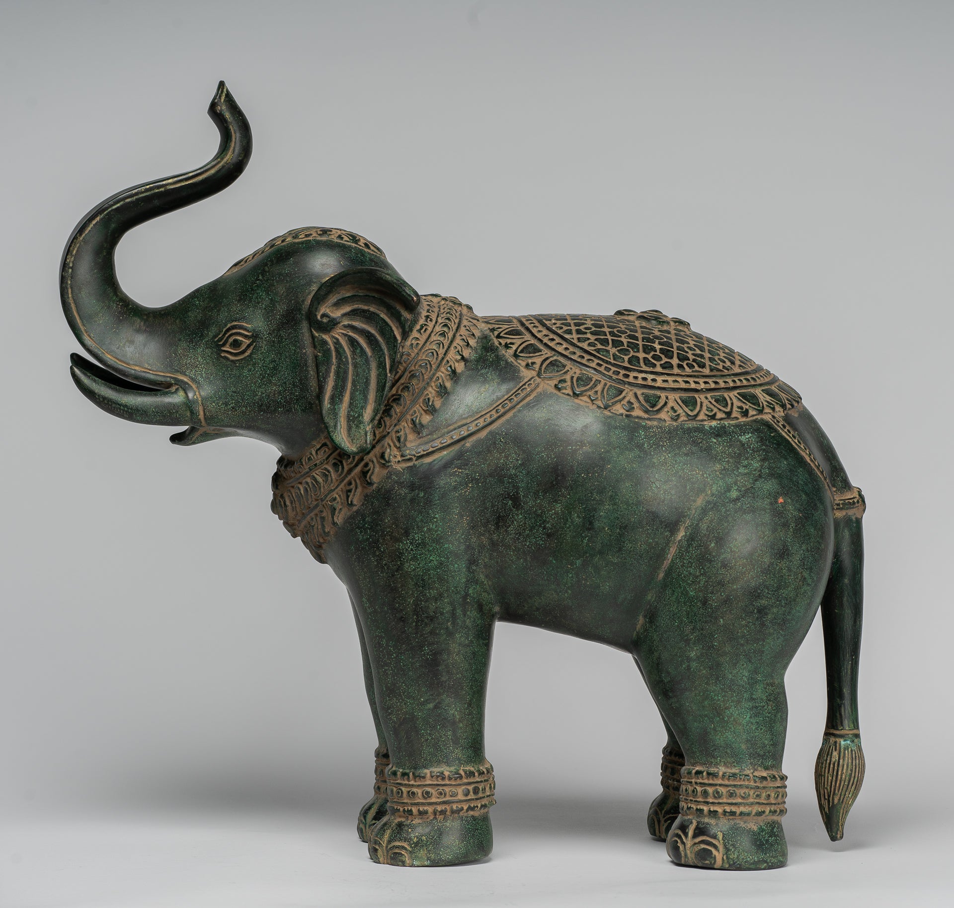 Antique Khmer Style Bronze Standing Trumpeting Elephant Statue - 38cm/15" Tall