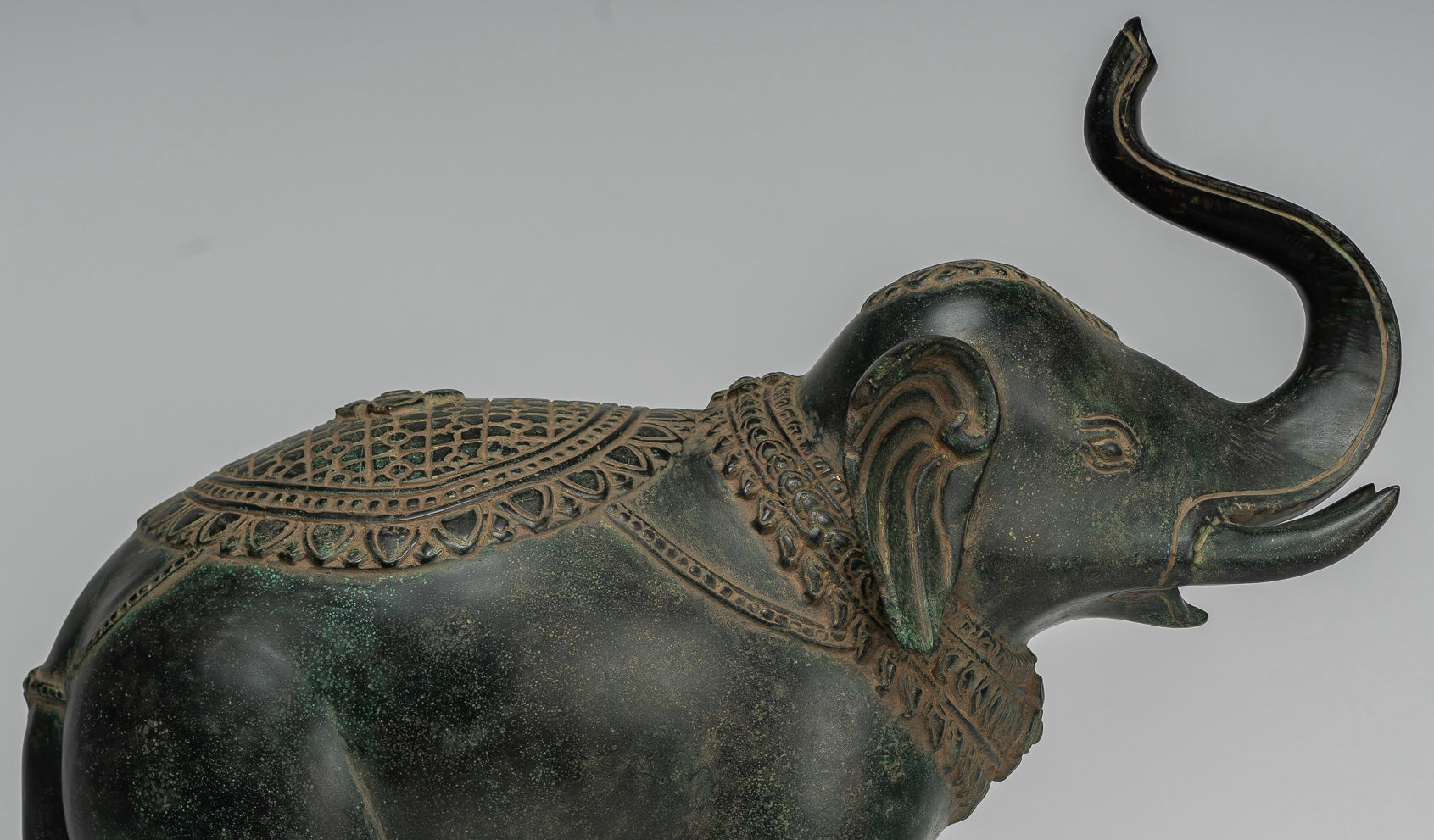 Antique Khmer Style Bronze Standing Trumpeting Elephant Statue - 38cm/15" Tall