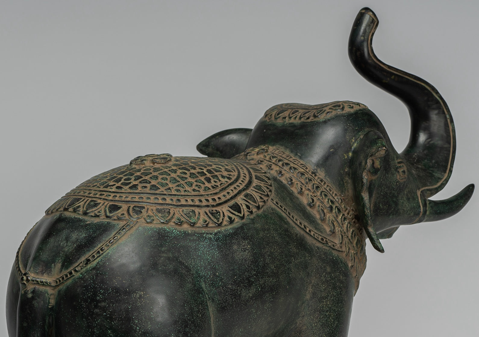 Antique Khmer Style Bronze Standing Trumpeting Elephant Statue - 38cm/15" Tall