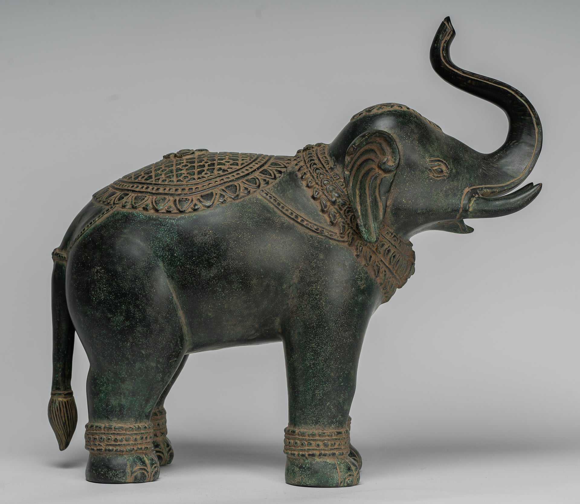 Antique Khmer Style Bronze Standing Trumpeting Elephant Statue - 38cm/15" Tall