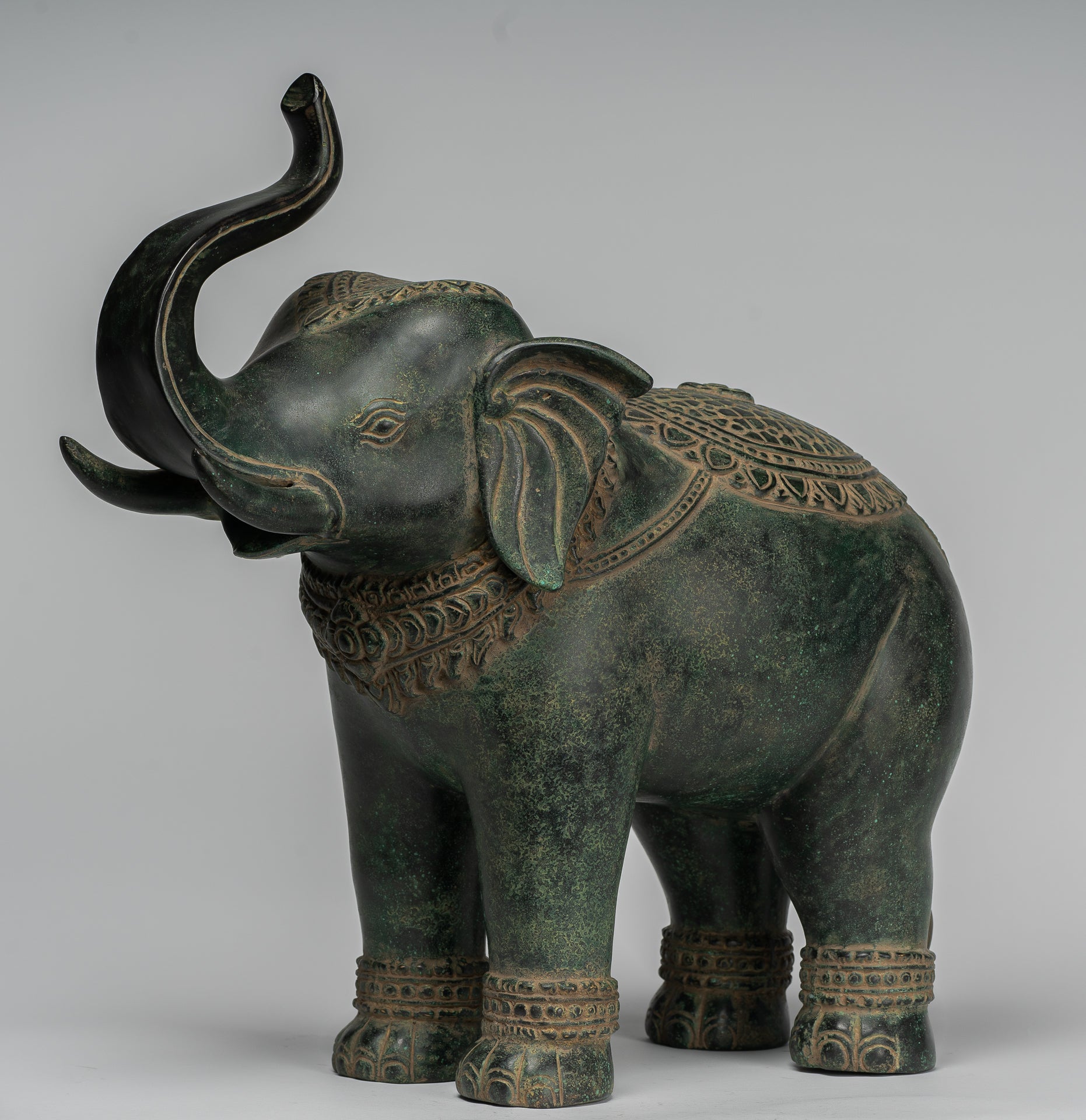 Antique Khmer Style Bronze Standing Trumpeting Elephant Statue - 38cm/15" Tall