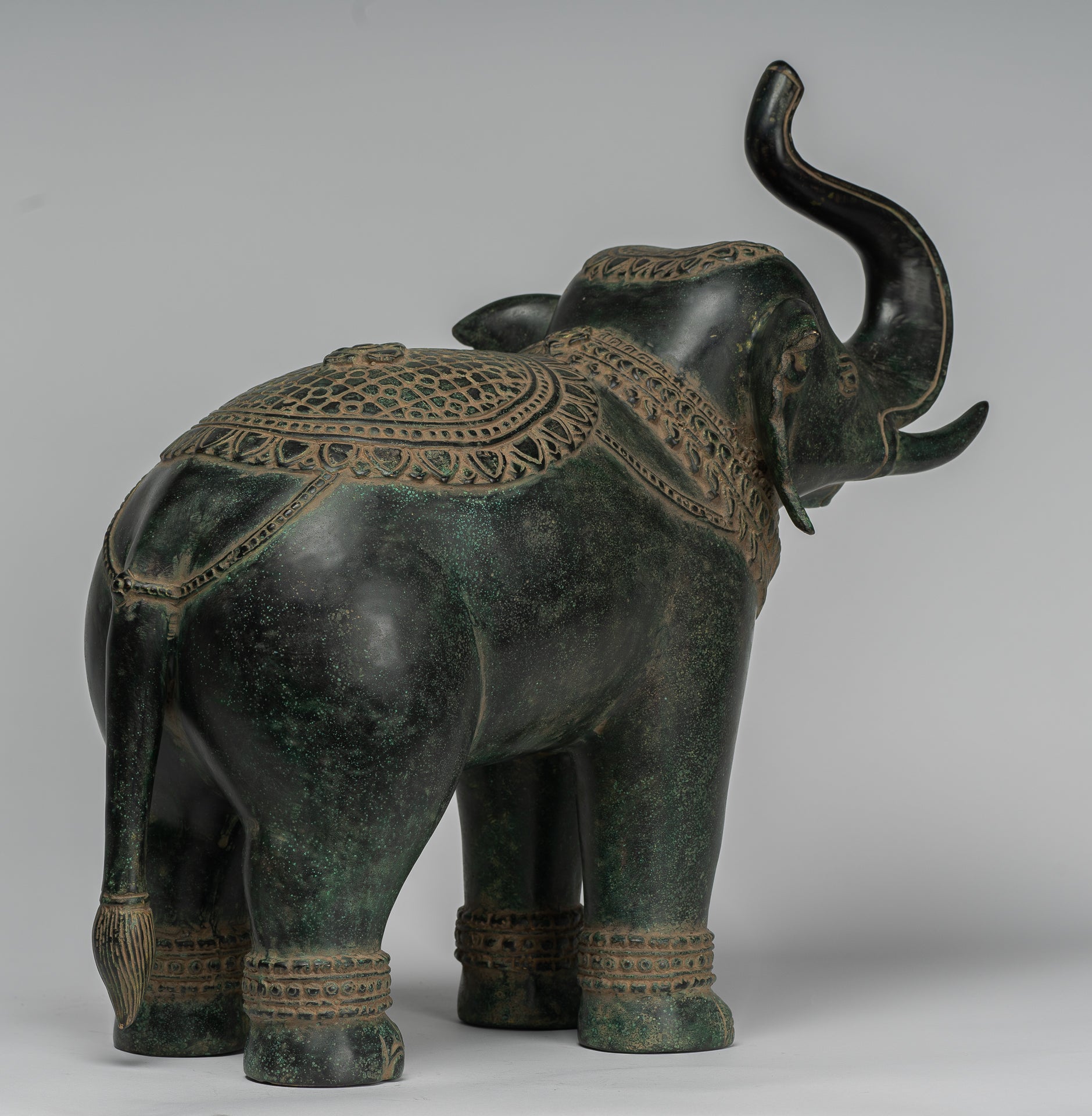 Antique Khmer Style Bronze Standing Trumpeting Elephant Statue - 38cm/15" Tall