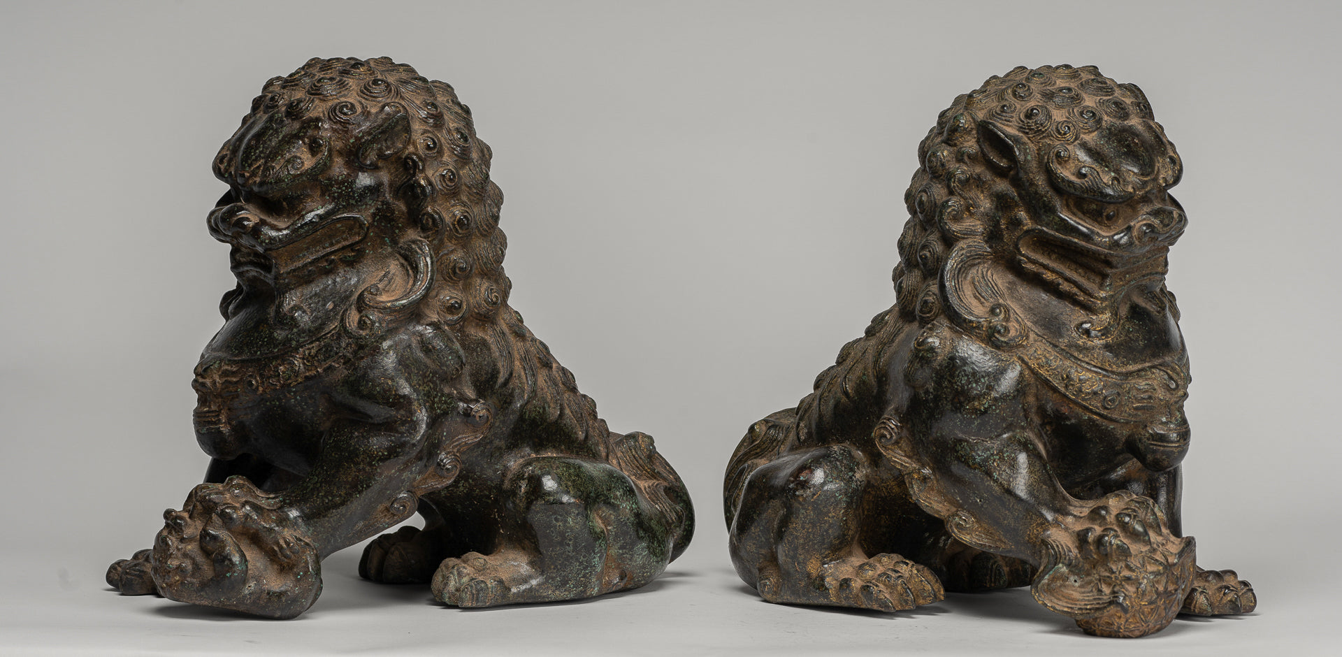 Antique Chinese Style Temple Guardian Lions Shishi Lions Foo Dogs Imperial Lions (Pair) - 25cm/10"