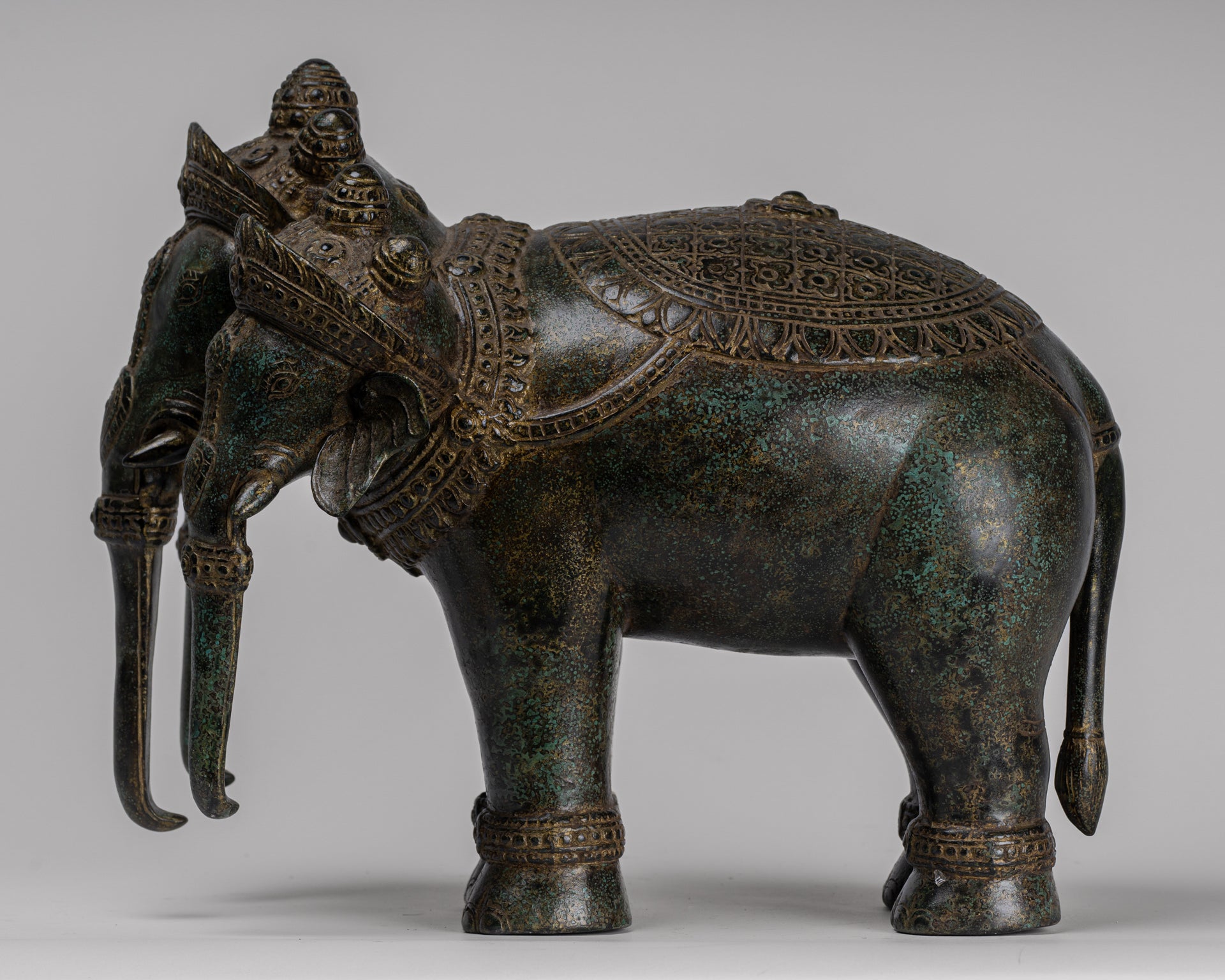 Antique Khmer Style Bronze Erawan Airavata or Elephant Statue - 32cm/13" Tall