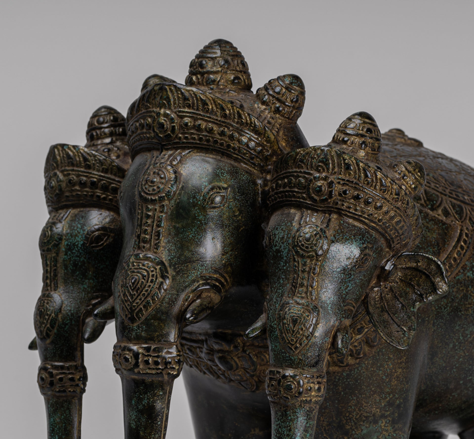 Antique Khmer Style Bronze Erawan Airavata or Elephant Statue - 32cm/13" Tall