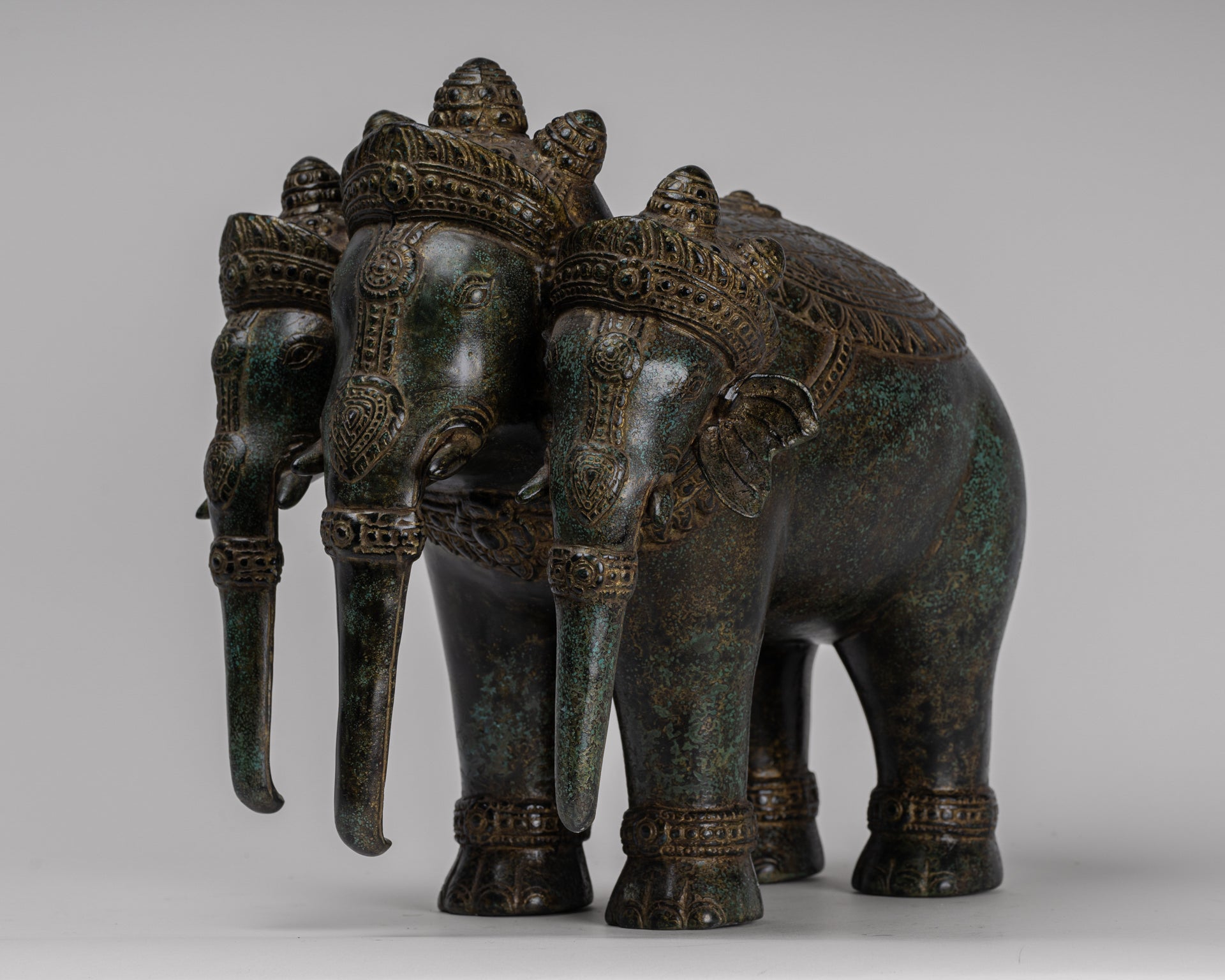 Antique Khmer Style Bronze Erawan Airavata or Elephant Statue - 32cm/13" Tall