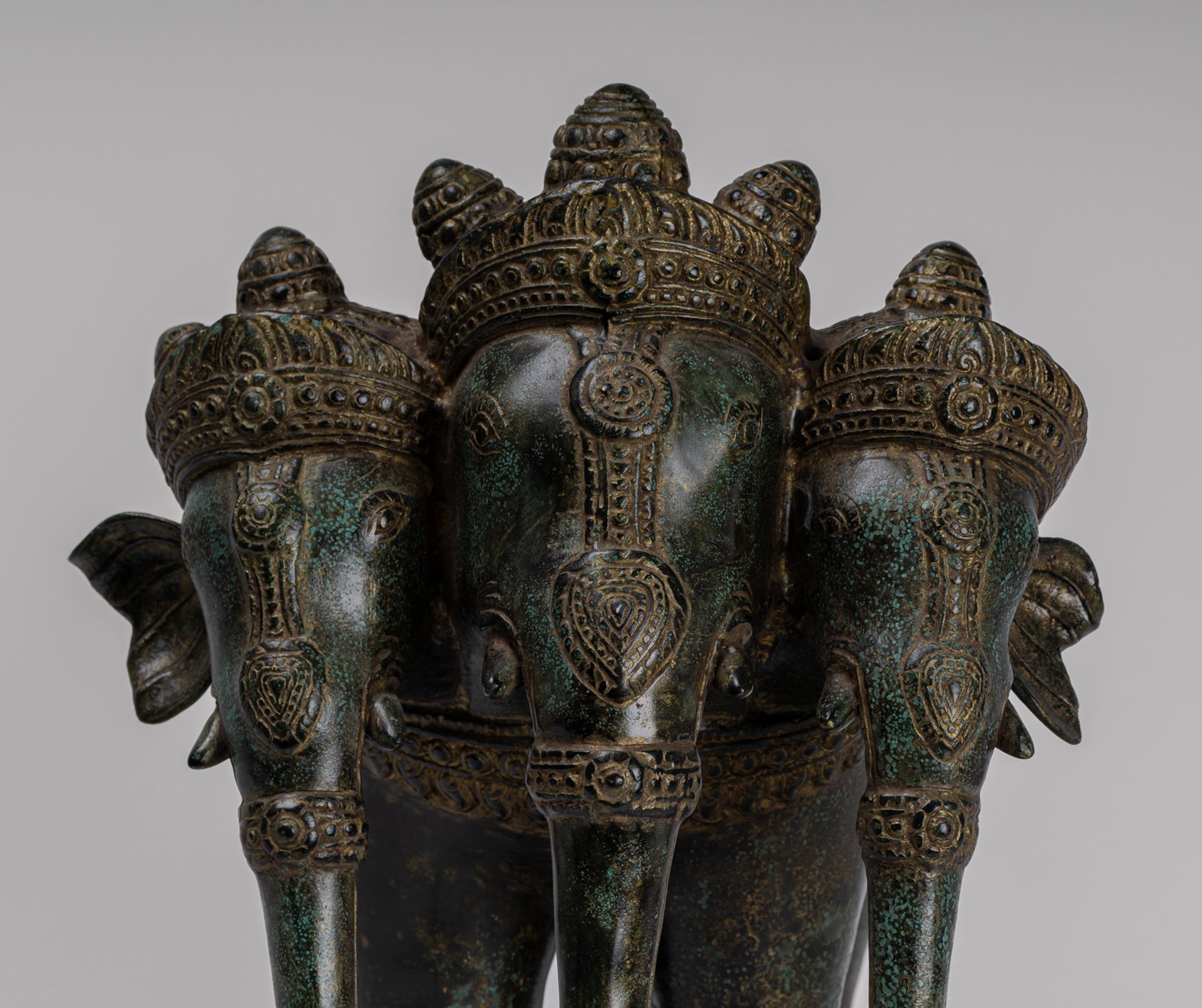 Antique Khmer Style Bronze Erawan Airavata or Elephant Statue - 32cm/13" Tall