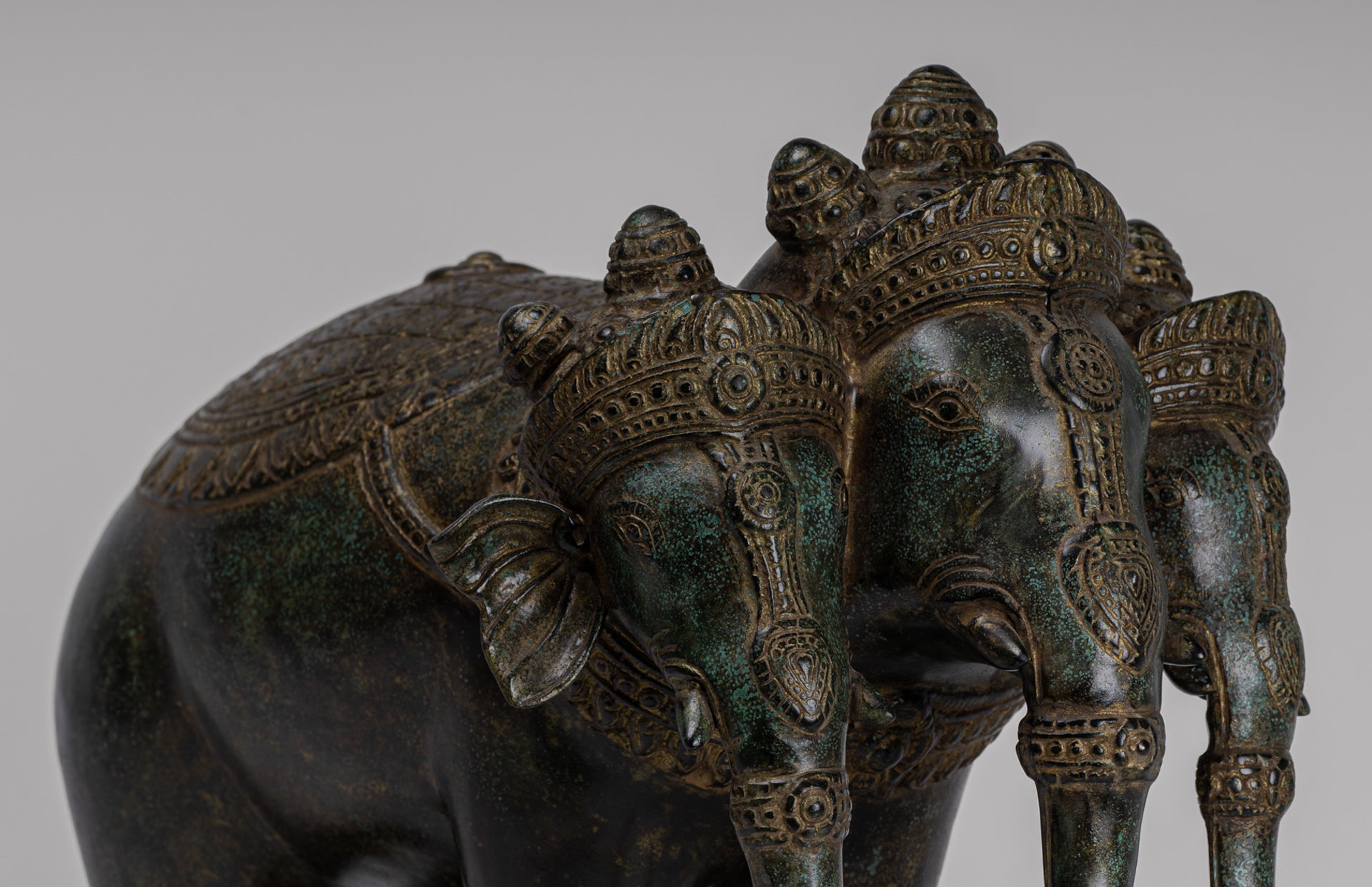 Antique Khmer Style Bronze Erawan Airavata or Elephant Statue - 32cm/13" Tall