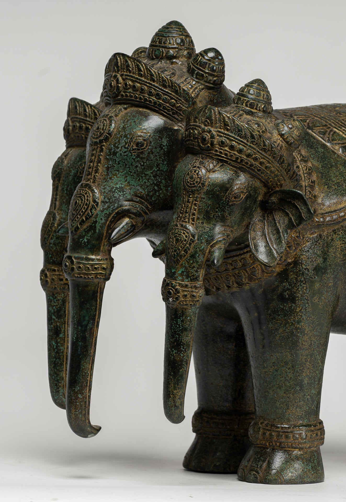 Antique Khmer Style Bronze Erawan Airavata or Elephant Statue - 31cm/12" Tall