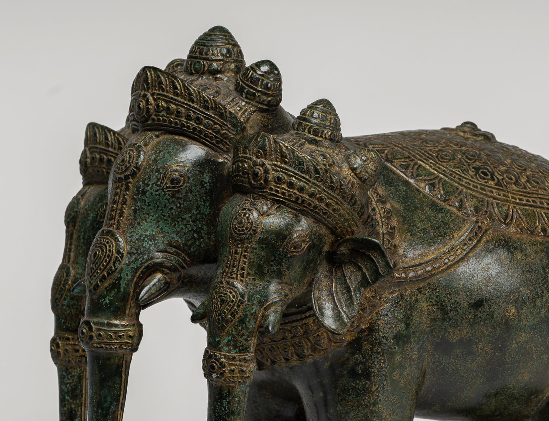 Antique Khmer Style Bronze Erawan Airavata or Elephant Statue - 31cm/12" Tall