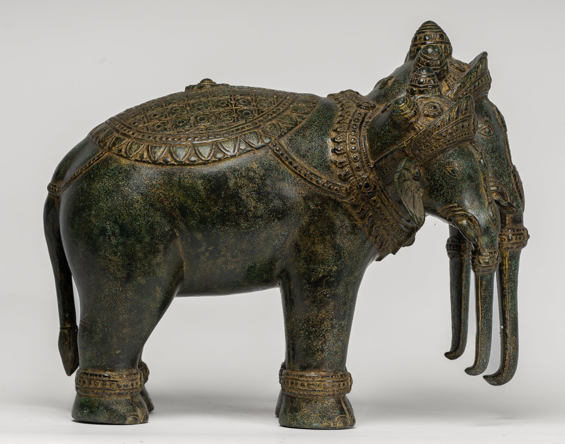 Antique Khmer Style Bronze Erawan Airavata or Elephant Statue - 31cm/12" Tall