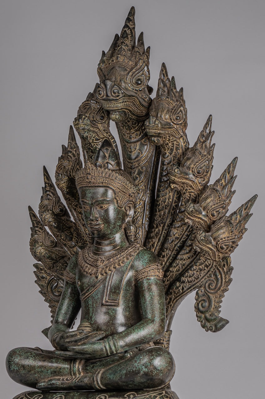 Buddha Statue - Antique Bayon Style Khmer Seated Bronze Naga Meditation Buddha - 114cm/46"