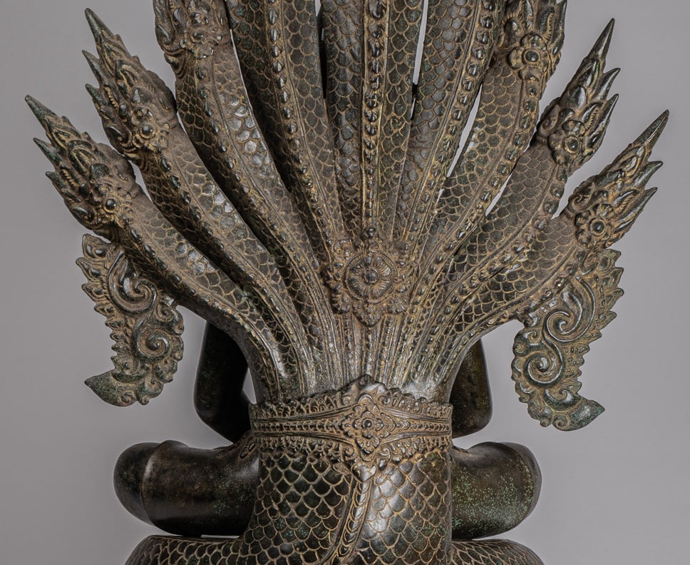 Buddha Statue - Antique Bayon Style Khmer Seated Bronze Naga Meditation Buddha - 114cm/46"