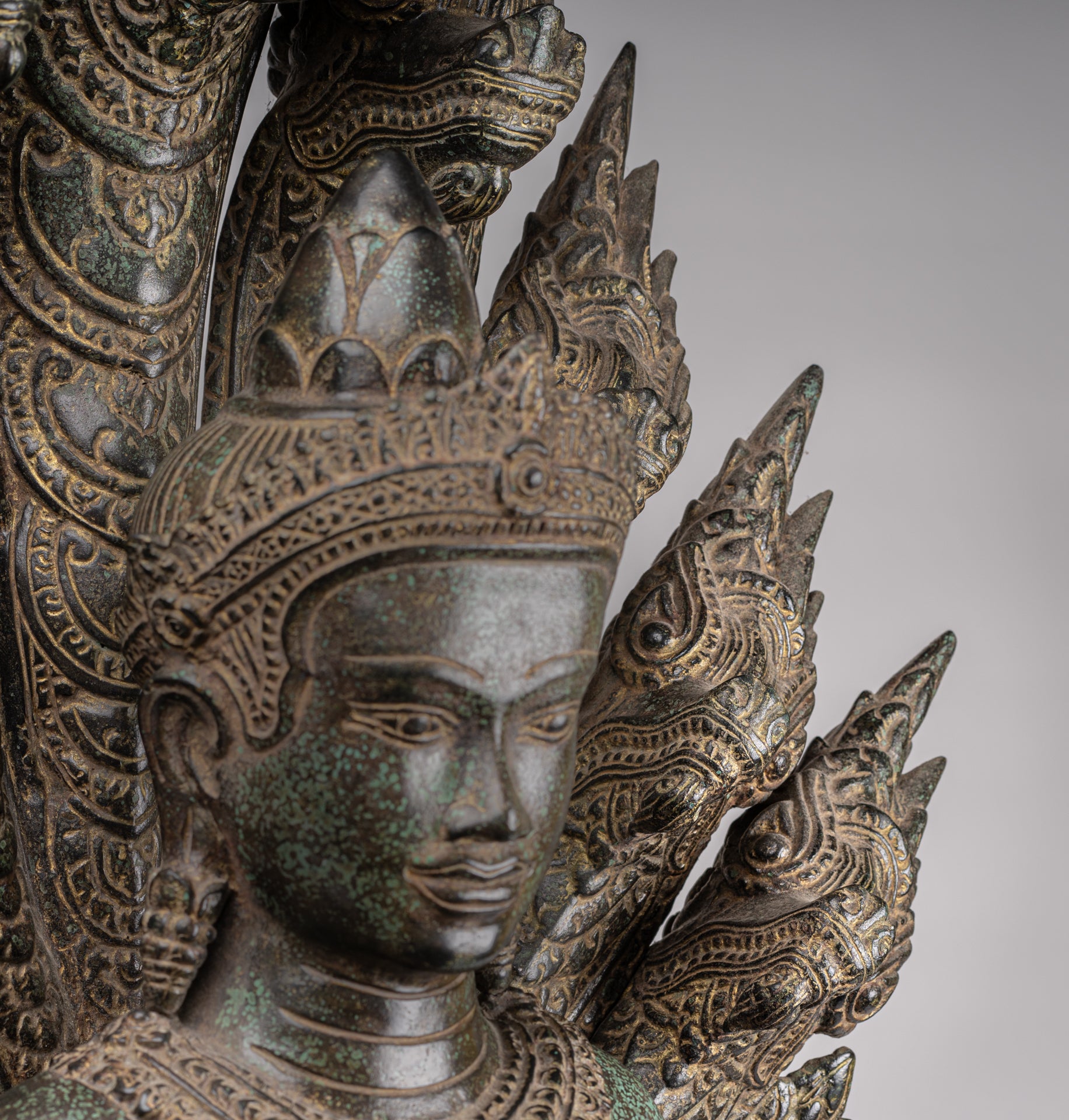 Buddha Statue - Antique Bayon Style Khmer Seated Bronze Naga Meditation Buddha - 114cm/46"