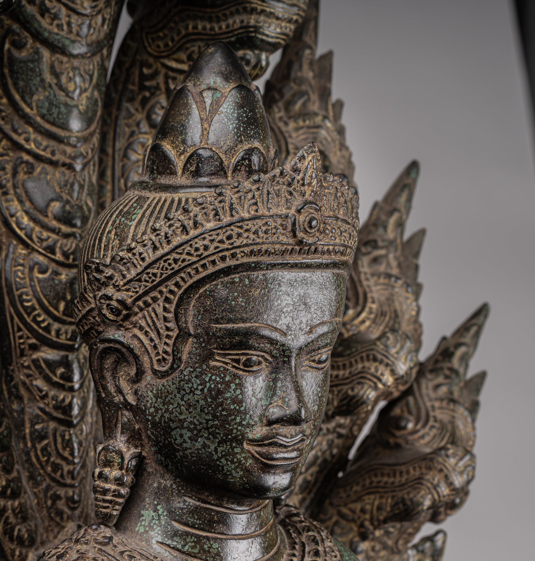 Buddha Statue - Antique Bayon Style Khmer Seated Bronze Naga Meditation Buddha - 114cm/46"