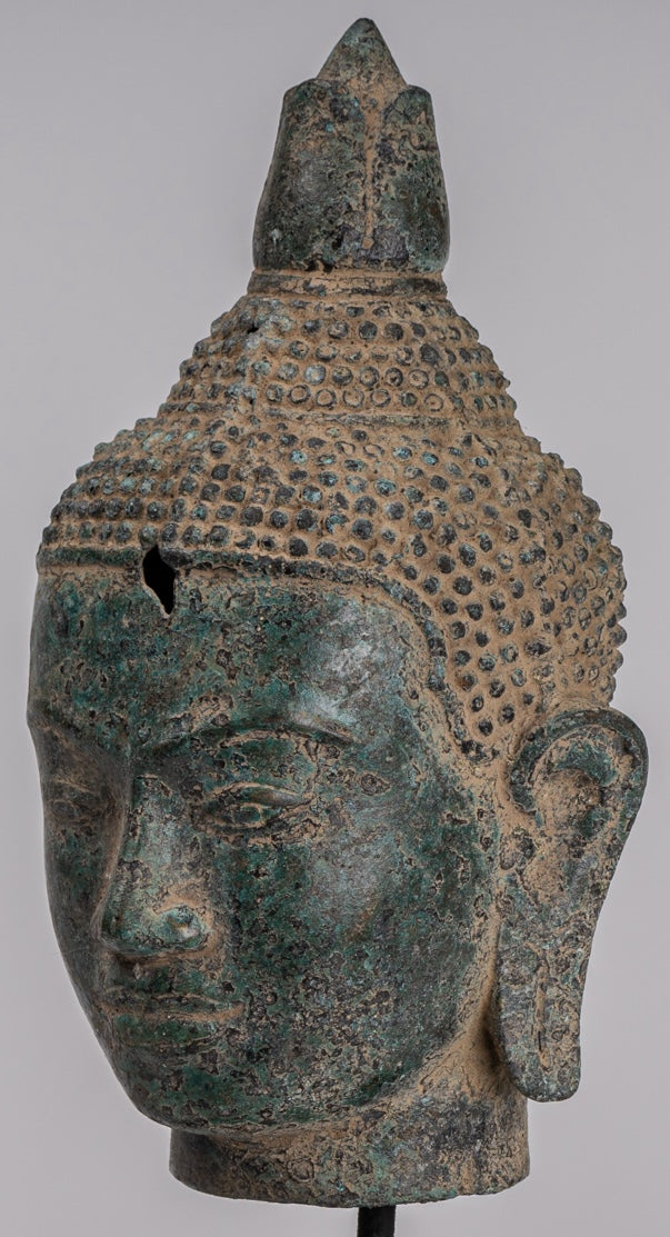 Buddha Statue - Antique Khmer Style Bronze Lotus Flower Buddha Head - 36cm/14"