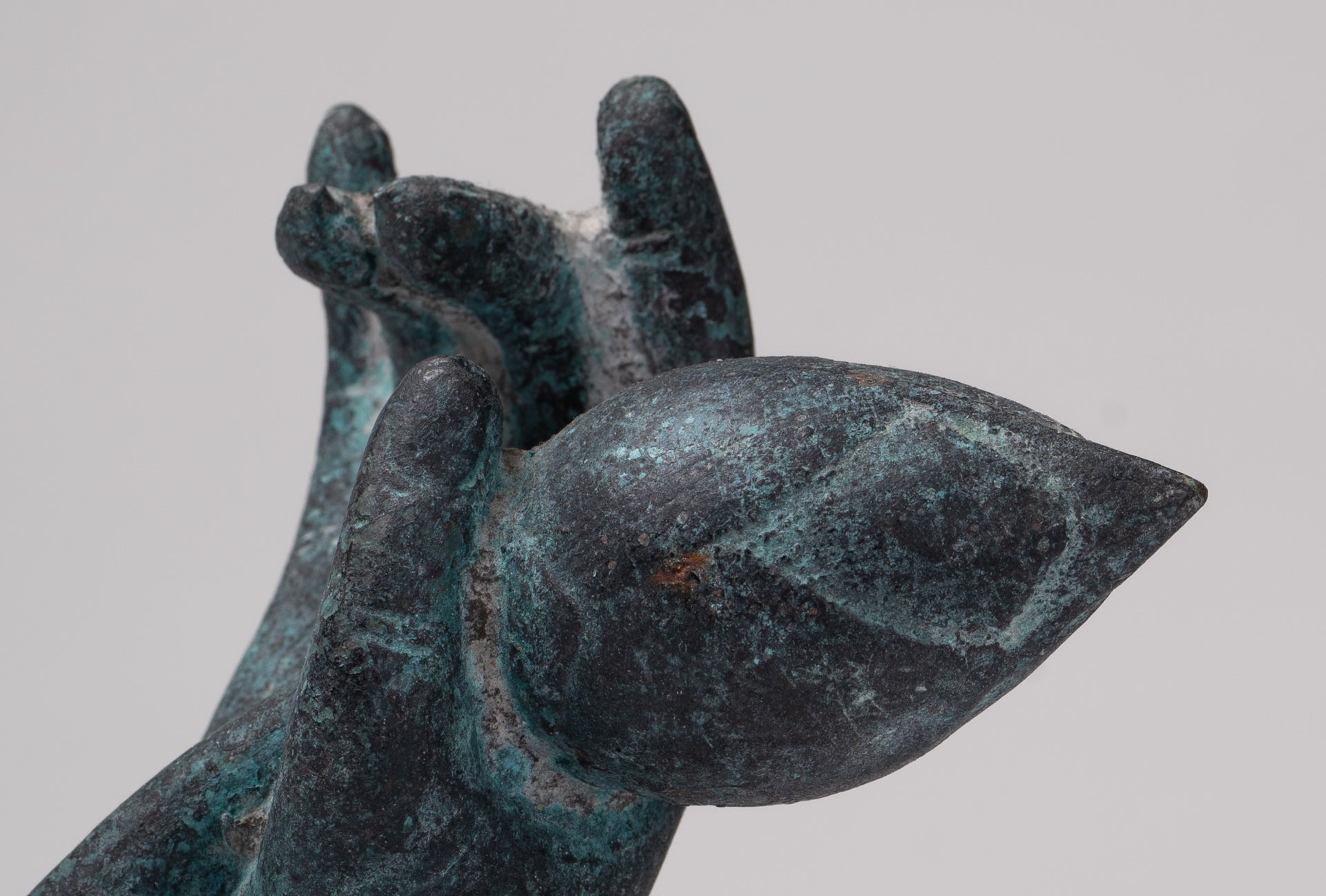 Mounted Antique Khmer Style Bronze Hand & Lotus Bud - 18cm/7"