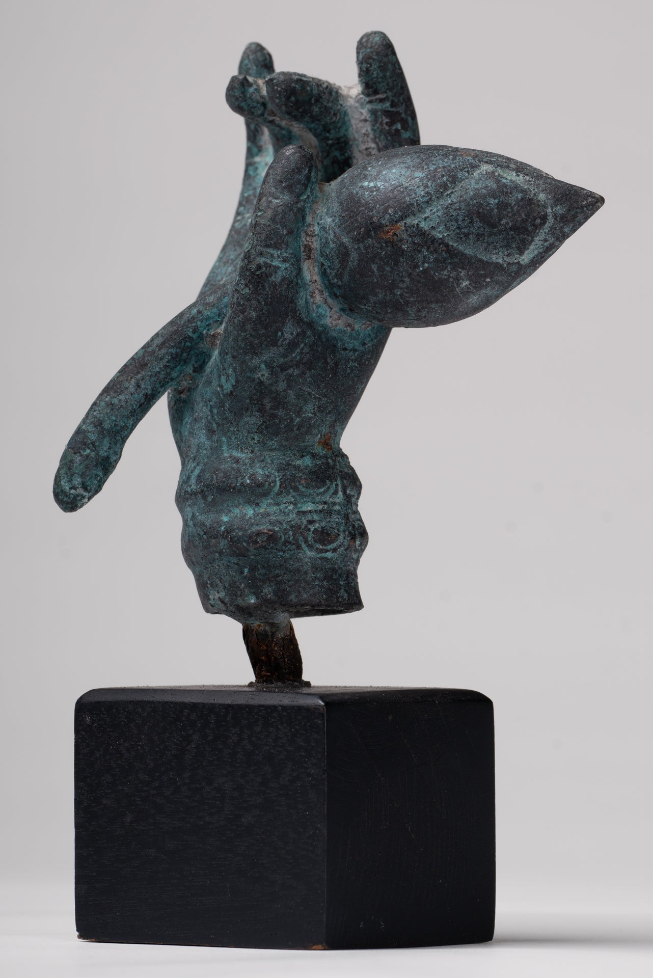 Mounted Antique Khmer Style Bronze Hand & Lotus Bud - 18cm/7"