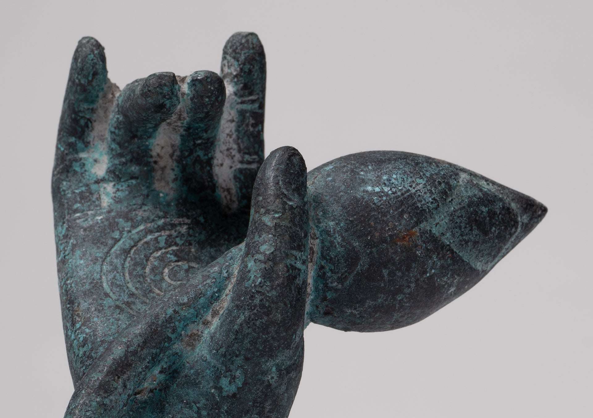 Mounted Antique Khmer Style Bronze Hand & Lotus Bud - 18cm/7"