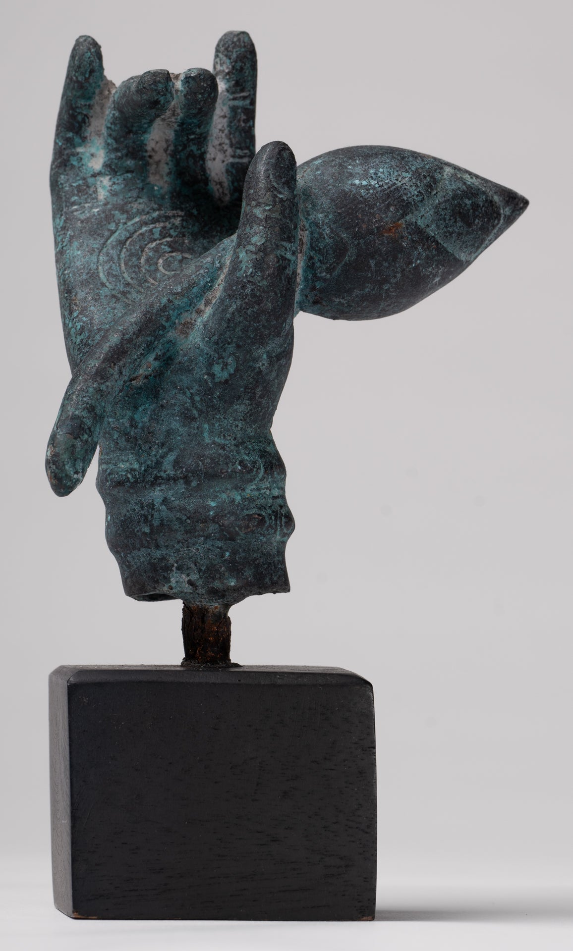 Mounted Antique Khmer Style Bronze Hand & Lotus Bud - 18cm/7"