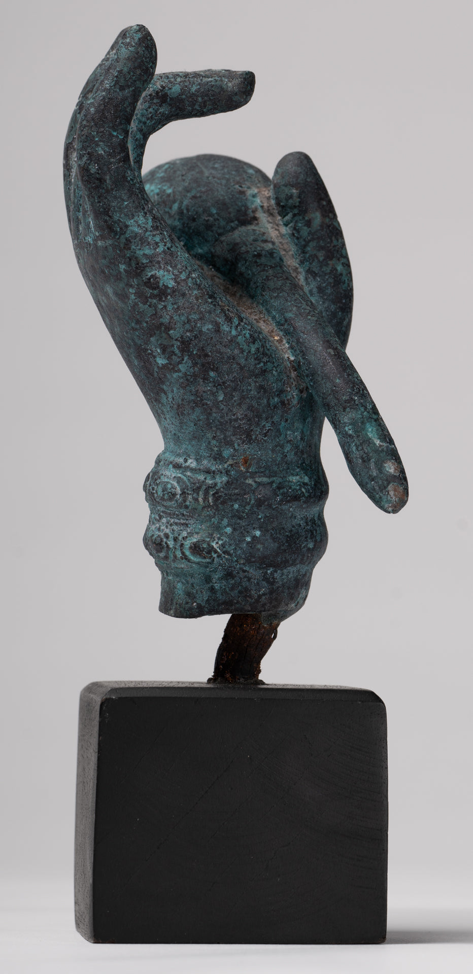 Mounted Antique Khmer Style Bronze Hand & Lotus Bud - 18cm/7"