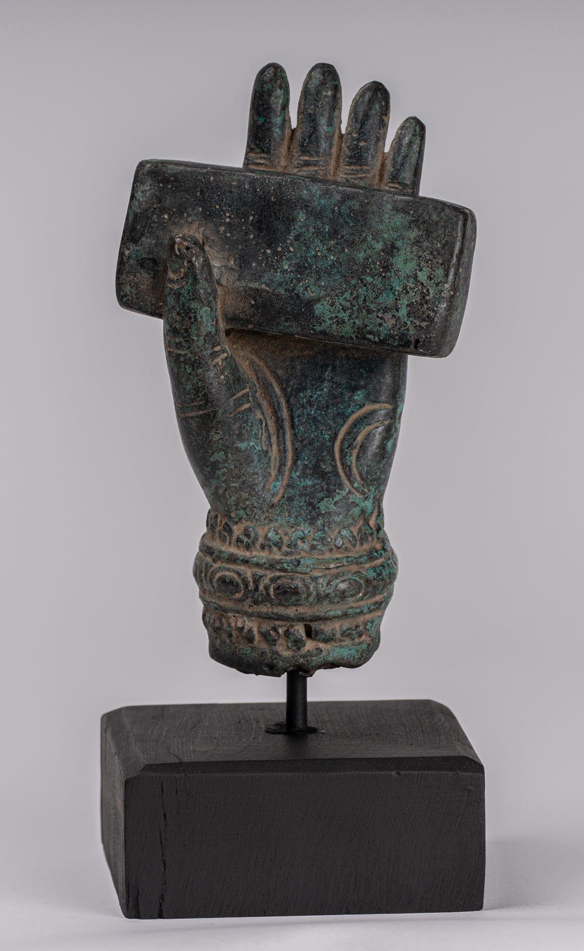 Mounted Antique Khmer Style Southeast Asia Bronze Hand & Sutra - 20cm/8"