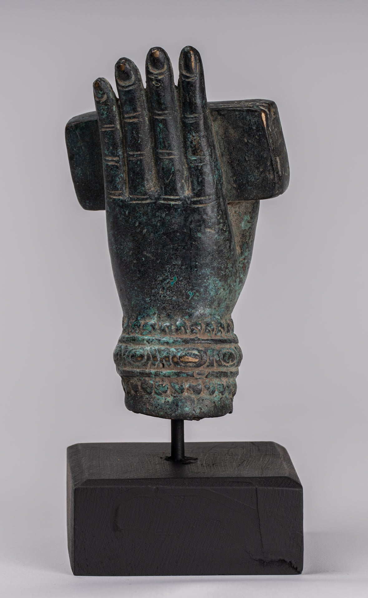 Mounted Antique Khmer Style Southeast Asia Bronze Hand & Sutra - 20cm/8"