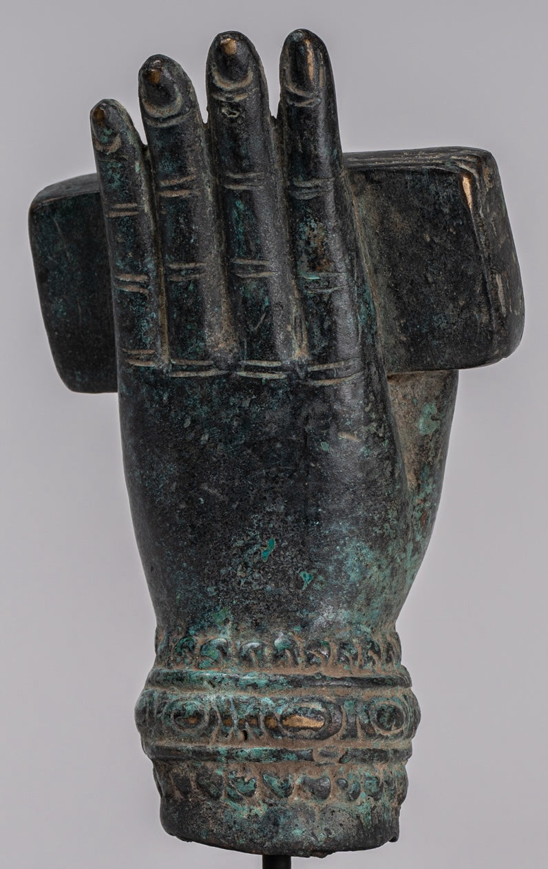 Mounted Antique Khmer Style Southeast Asia Bronze Hand & Sutra - 20cm/8"