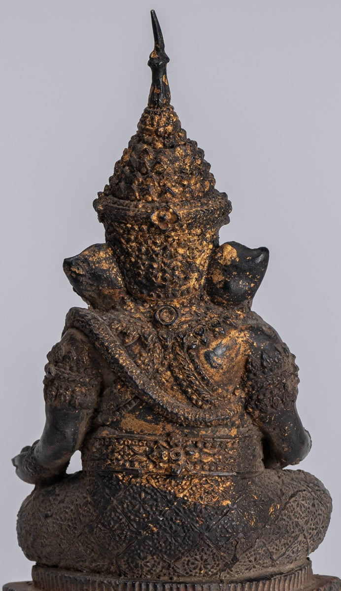 Ganesha Statue - Antique Thai Style Bronze Seated Rattanakosin Ganesha Statue - 19cm/8"