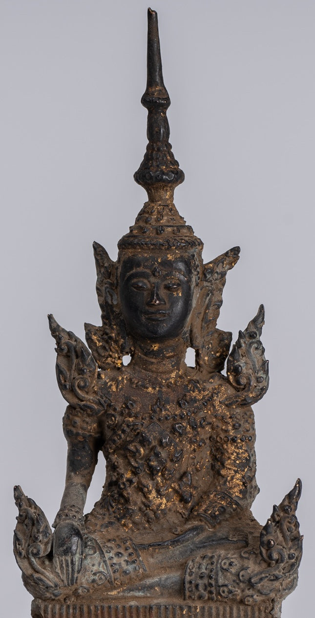 Buddha Statue - Antique Thai Style Bronze Rattanakosin Enlightenment Buddha Statue - 21cm/8"