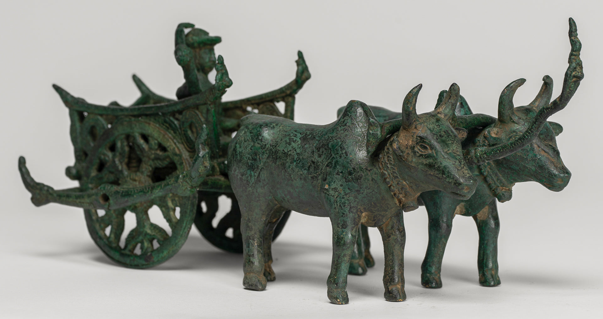 Ox Cart Statue - Antique Khmer Style Bronze Ox Cart Statue - 26cm/10"