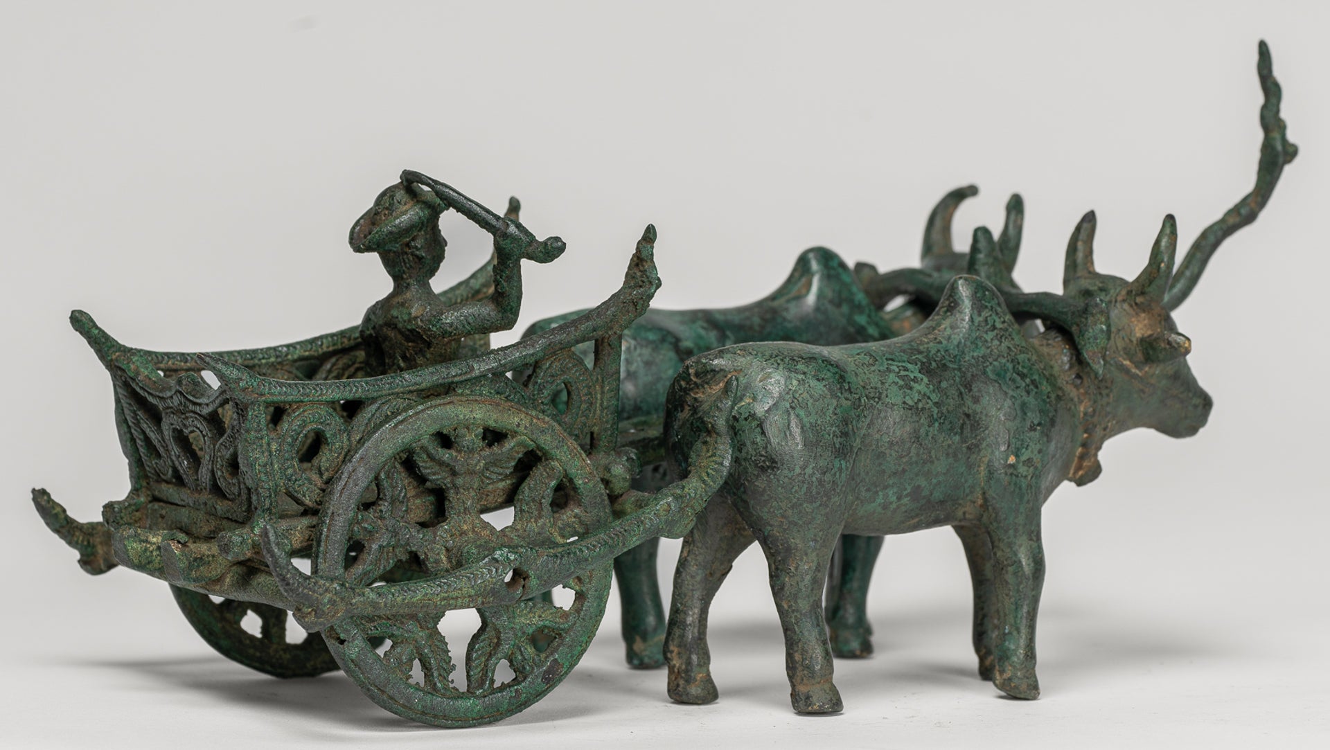 Ox Cart Statue - Antique Khmer Style Bronze Ox Cart Statue - 26cm/10"